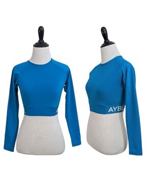 AYBL Blue Long Sleeve Athletic Crop Top With Logo Band - Size XS Womens